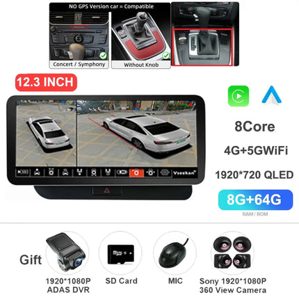 12.3 Inch Android 14 For Audi Q5 2009-2016 Car Radio Stereo WIFI 4G Split Screen BT GPS Navi Multimedia Carplay Auto 360 Camera HEBDO