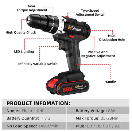 88VF Cordless Impact Drill Electric Screwdriver Electric Hammer Drill Mini Wireless Hand Drill Lithium-Ion Battery Power Tools Hebdo Store