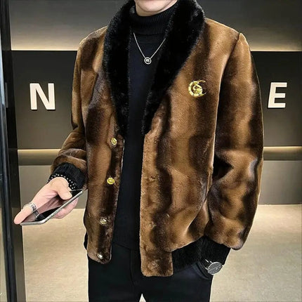 Winter New Men High Quality Faux Fur Coat Male Mink Fur Slim V-neck Fashion Outwear Casual Large Size Solid Color Warm Outcoat HEBDO STORE