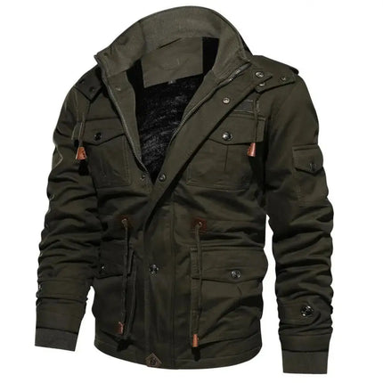 Men's cargo jacket autumn winter warm fleece hooded coat top casual military removable cotton men's clothing multiple pockets HEBDO STORE