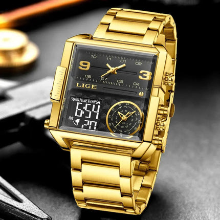 LIGE Top Brand Luxury Fashion Men Watches Gold Steel Sport Square Digital Analog Big Quartz Watch for Man Relogio Masculino+BOX HEBDO STORE