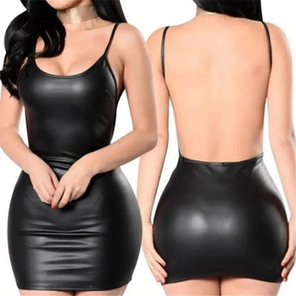 Sexy Faux Leather Dress Backless Club Party Short Dress Solid Black Wet Look Latex Bodycon Push Up Bra Mini Micro Dress HEBDO