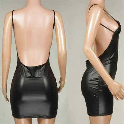 Sexy Faux Leather Dress Backless Club Party Short Dress Solid Black Wet Look Latex Bodycon Push Up Bra Mini Micro Dress HEBDO