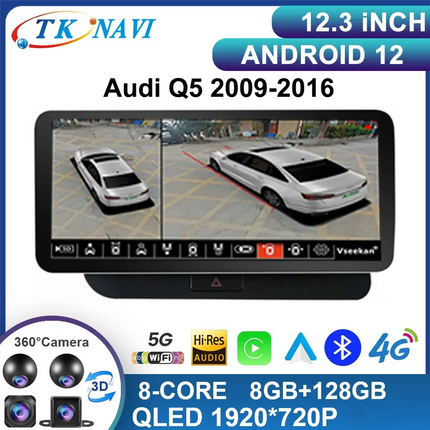 12.3 Inch Android 14 For Audi Q5 2009-2016 Car Radio Stereo WIFI 4G Split Screen BT GPS Navi Multimedia Carplay Auto 360 Camera HEBDO