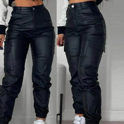 Y2K Vintage Women Elegant Harajuku Streetwear Black Cargo Pants Motorcycle Pu Leather High Waist Harem Jogger Trousers Clothes Hebdo Store