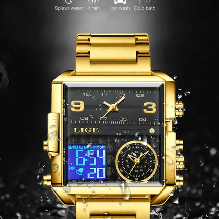 LIGE Top Brand Luxury Fashion Men Watches Gold Steel Sport Square Digital Analog Big Quartz Watch for Man Relogio Masculino+BOX HEBDO STORE