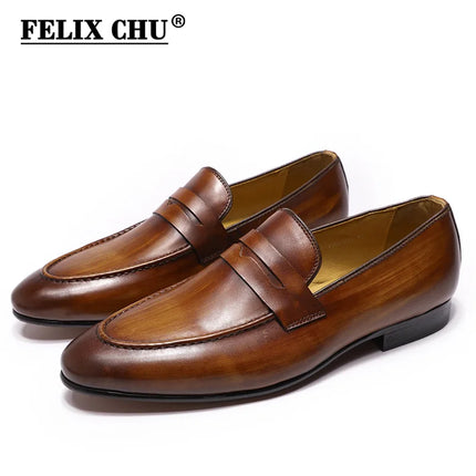 FELIX CHU Mens Penny Loafers Leather Shoes Genuine Leather Elegant Wedding Party Casual Dress Shoes Brown Black Shoes for Men HEBDO STORE