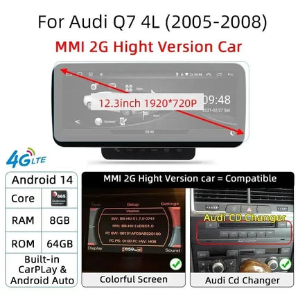 Android 14 Car Audio  Multimedia Player Carplay For Audi Q7 4L 2005-2015 GPS Navigation Stereo WIFI DSP Automotive Screen HEBDO