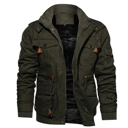 Men's cargo jacket autumn winter warm fleece hooded coat top casual military removable cotton men's clothing multiple pockets HEBDO STORE