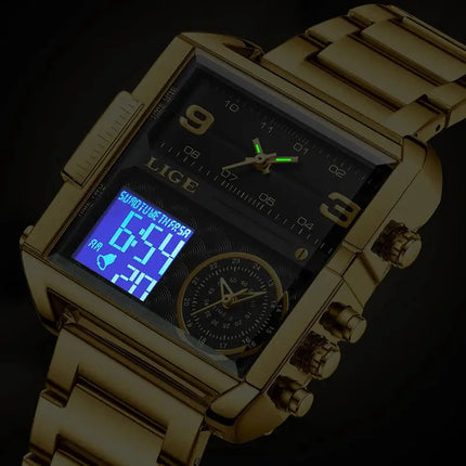 LIGE Top Brand Luxury Fashion Men Watches Gold Steel Sport Square Digital Analog Big Quartz Watch for Man Relogio Masculino+BOX HEBDO STORE