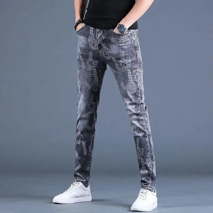 Spring Autumn Boyfriend Long Skinny Jeans Man Korean Fashion Designer Kpop Punk Star Print Denim Luxury Stretch Tight Pants Men Hebdo Store