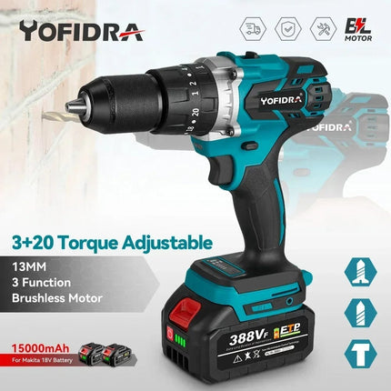 Yofidra 13mm 20+3 480N.M Torque Brushless Hammer Drill Cordless Electric Impact Drill Screwdriver for makita 18V Battery Tool Hebdo Store