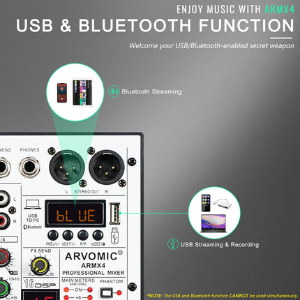 4-Channel Audio Mixer, ARVOMIC DJ Mixer with USB Audio Interface, Bluetooth Function, 16 DSP Effects, and 3-Band EQ (ARMX-4) Hebdo Store