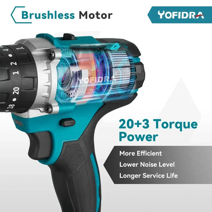 Yofidra 13mm 20+3 480N.M Torque Brushless Hammer Drill Cordless Electric Impact Drill Screwdriver for makita 18V Battery Tool Hebdo Store