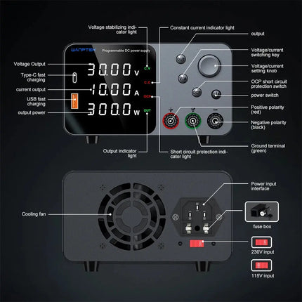 NANKADF DC Power Supply, 0-30V 0-10A with High Accuracy 4-Digit LED Display, 5V/2A USB Port, Encoder Adjustment N-GA3010H HEBDO