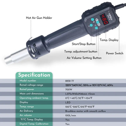 YIHUA Micro Hot Air Gun  C/F Temp Adjusted 8858IV 700W Soldering Rework Welding Station LCD Digital Heat Gun BGA IC Solder Tools HEBDO