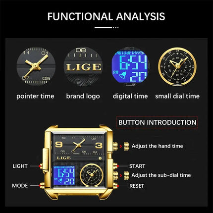 LIGE Top Brand Luxury Fashion Men Watches Gold Steel Sport Square Digital Analog Big Quartz Watch for Man Relogio Masculino+BOX HEBDO STORE