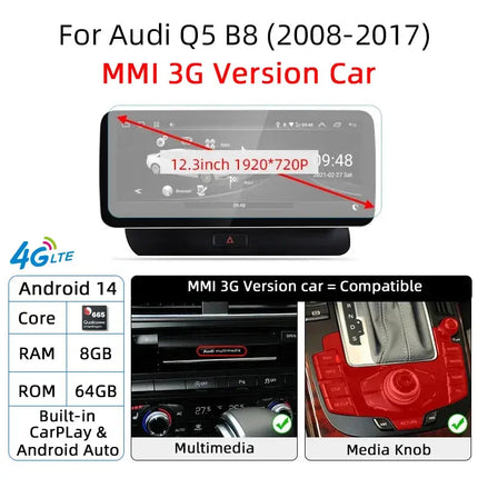 12.3 Android 14 System Car Radio Stereo For Audi Q5 8R 2008-2017 WiFi 4G LTE 8+128GB CarPlay BT IPS Touch Screen GPS HEBDO