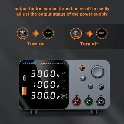 30V 10A Lab Adjustable DC Power Supply with 4-Digit LED Display; USB-A/Type-C 5V/3.6A Fast Charge with Encoder Adjustment HEBDO STORE