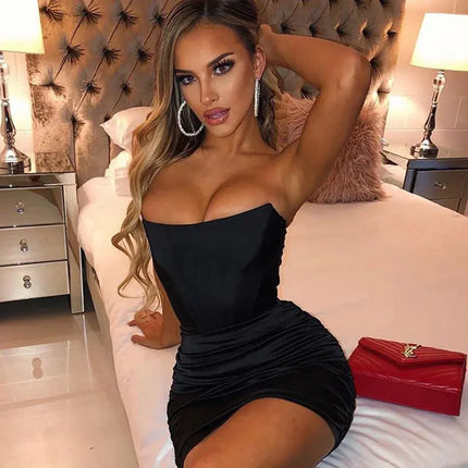 Giyu Night Club Party Woman Dress Sexy Bodycon Glitter Strapless Mini Short Prom Robe 2024 Summer Elegant Ruched Black Vestidos HEBDO STORE