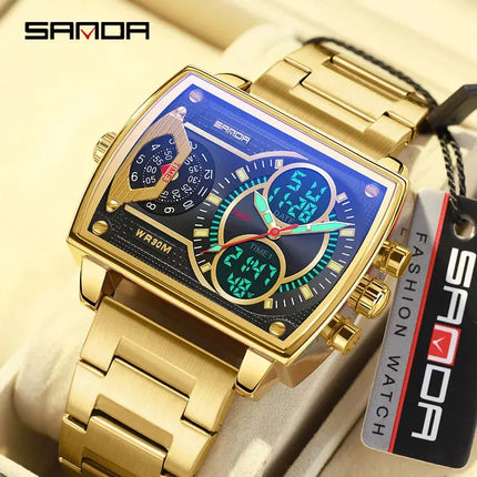 Gold Big Dial Three Time Men Wrist Watches Stainless Steel Men Sports Digital Military Quartz Watch Luminous Male Clock Dropship HEBDO STORE