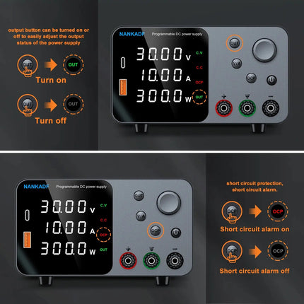 30V 10A Lab Adjustable DC Power Supply with 4-Digit LED Display; USB-A/Type-C 5V/3.6A Fast Charge with Encoder Adjustment HEBDO STORE