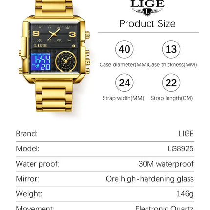 LIGE Top Brand Luxury Fashion Men Watches Gold Steel Sport Square Digital Analog Big Quartz Watch for Man Relogio Masculino+BOX HEBDO STORE