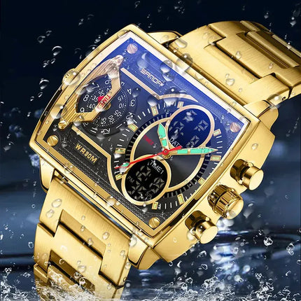 Gold Big Dial Three Time Men Wrist Watches Stainless Steel Men Sports Digital Military Quartz Watch Luminous Male Clock Dropship HEBDO STORE