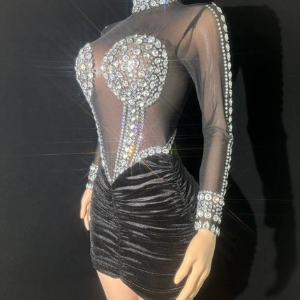 Black Velet Sexy See-Through Sheath Mini Dress Evening Party Dress Nightclub Bar Performance Custome Singers Dancer Stage Wear HEBDO STORE