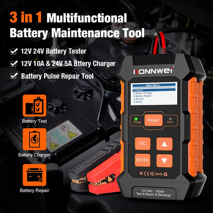 KONNWEI KW520 12V 10A 24V 5A Car Truck Battery Tester Charger Lead Acid Battery Pulse Repair Tool AGM Gel Lithium Power Supply Hebdo Store