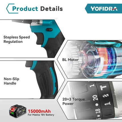 Yofidra 13mm 20+3 480N.M Torque Brushless Hammer Drill Cordless Electric Impact Drill Screwdriver for makita 18V Battery Tool Hebdo Store