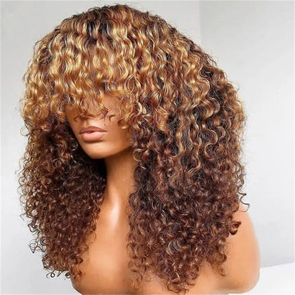 Soft Ombre Blond 26 Inch Kinky Curly Machine Wig With Bangs For Women High Temperature Fiber Cosplay Glueless Daily Use Wig HEBDO STORE