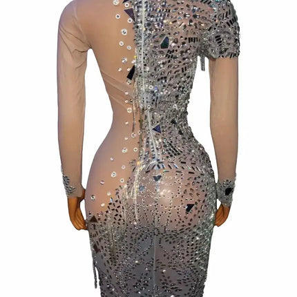 Bar Nightclub Party Dress Stage Performance Fashion Mesh Sexy Perspective Shiny Rhinestone Lenses Diamond Chain Dress HEBDO STORE