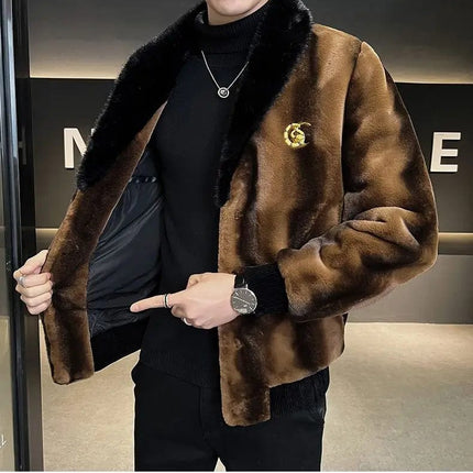 Winter New Men High Quality Faux Fur Coat Male Mink Fur Slim V-neck Fashion Outwear Casual Large Size Solid Color Warm Outcoat HEBDO STORE