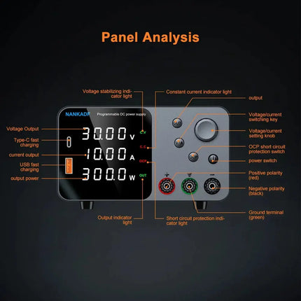 30V 10A Lab Adjustable DC Power Supply with 4-Digit LED Display; USB-A/Type-C 5V/3.6A Fast Charge with Encoder Adjustment HEBDO STORE