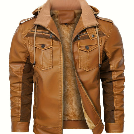 Men's Fleece-Lined Hooded PU Leather Jacket, For Motorcycle Winter Classic Style, Warm Outerwear HEBDO STORE