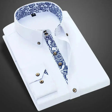 Blue-and-white Porcelain Collar Shirt Men Long Sleeve Korean SlimFit Casual Business Dress Shirts Solid Color White Shirt Cotton - Premium  from FRANTZDOL STORE  - Just $10.97! Shop now at FRANTZDOL STORE 