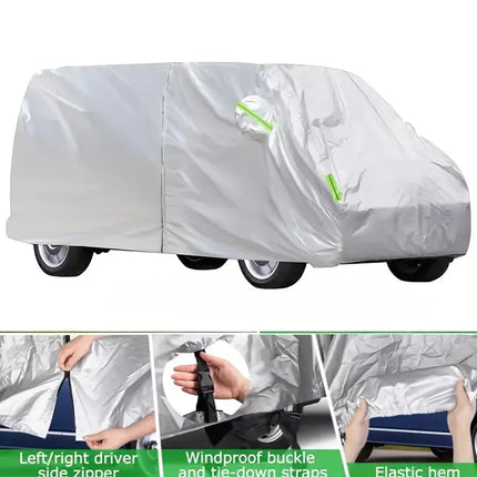 Waterproof Car Cover for Volkswagen T3/T4/T5/T6, Polyester All-Season Protection, UV and Dust Shield with Reflective Strips, Side Zipper and Tire Buckle, Windproof and Snowproof Outdoor Vehicle Cover HEBDO