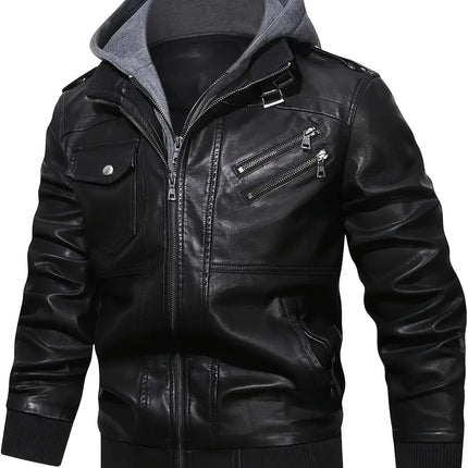 1pc Men'S Casual Faux Leather Jacket with Hood, Fashion Multi-Pocket Zip-Up Coat, Regular Fit, Solid Color, Polyester Lining, Woven Fabric - [Pearson OBM] HEBDO