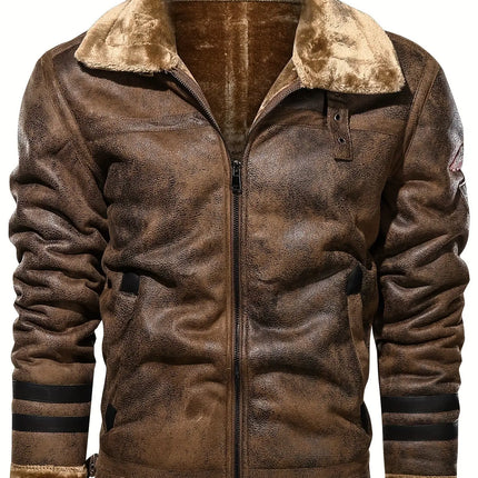 1pc Men'S Winter Faux Leather Jacket with Lapel Collar and Sherpa Lining - Solid Color, Non-Stretch Fabric, Long Sleeve, Regular Fit, Zipper Closure, Woven Polyester Lining, with Pockets - Ideal for Hiking & Outdoor Activitie HEBDO