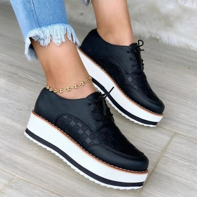 Lace-up Shoes Thick Bottom Checkerboard Design Flats Shoes Women HEBDO STORE