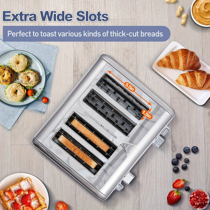 4 Slice Stainless Steel Cusimax Toaster with Ultra-Clear LED Display, Dual Control Panels of 6 Shade Settings & Extra Wide Slots, Cancel/Bagel/Defrost Function, Removable Crumb Trays HEBDO