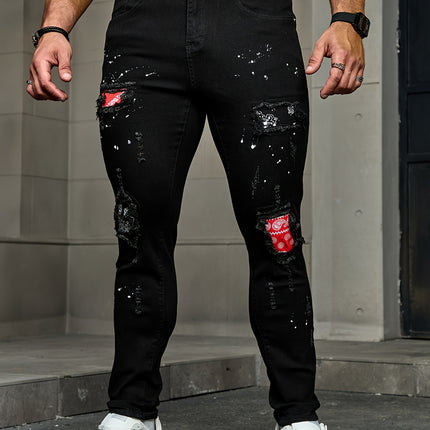 Men's Casual Slim Fit Jeans, Distressed Ripped Style With Patches Design, Street Style Pants HEBDO STORE