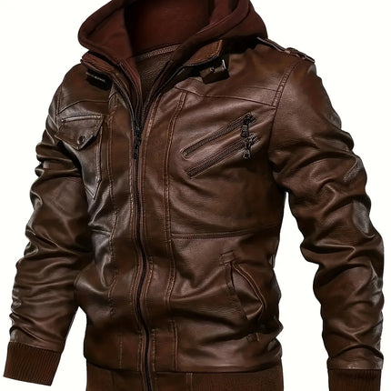 1pc Men'S Casual Faux Leather Jacket with Hood, Fashion Multi-Pocket Zip-Up Coat, Regular Fit, Solid Color, Polyester Lining, Woven Fabric - [Pearson OBM] HEBDO