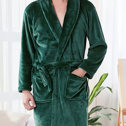 Luxurious Plush Fleece Bathrobe - Thick, Warm Long Sleeve Loungewear with V-Neck and Tie Belt - Solid Color, Machine Washable for Cozy Autumn/Winter Comfort HEBDO