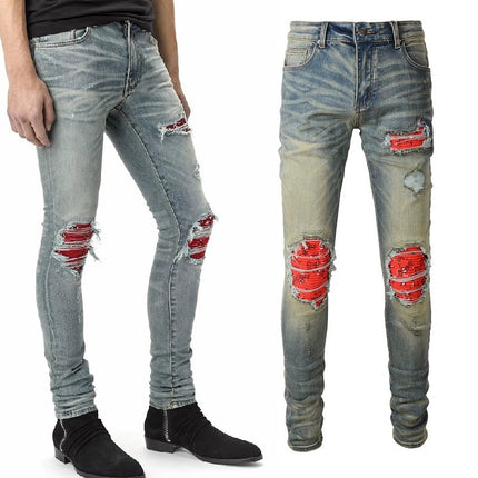 Red Printed Pleated Elastic Light Colored Jeans For Men HEBDO STORE