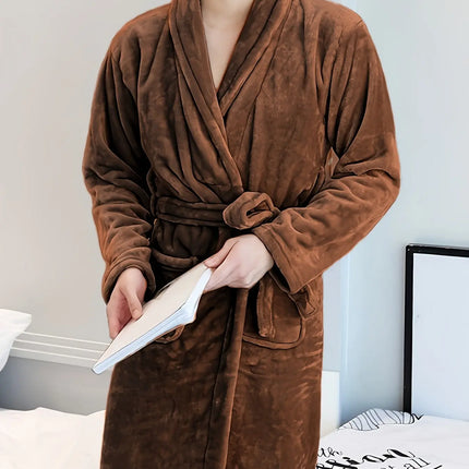 Luxurious Plush Fleece Bathrobe - Thick, Warm Long Sleeve Loungewear with V-Neck and Tie Belt - Solid Color, Machine Washable for Cozy Autumn/Winter Comfort HEBDO