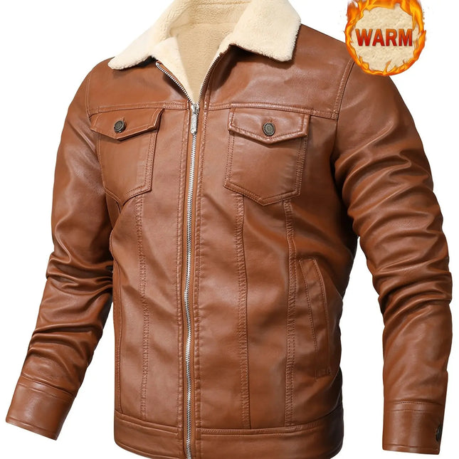 1pc Men'S Faux Leather Jacket with Shearling-Lined Collar, Zip-Up Casual Outerwear, Solid Color, Regular Fit, Long Sleeve, with Pockets - Polyester Lined, Non-Stretch, Woven Fabric, Thick HEBDO