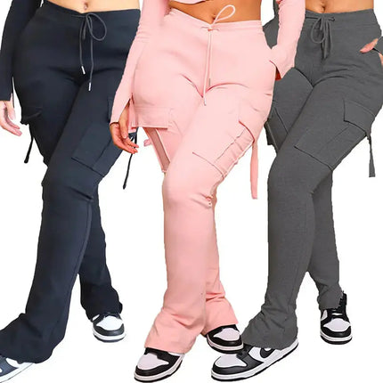 Cargo Pants With Pockets High Waist Drawstring Wide Leg Straight Trousers For Women Overalls - Image #7