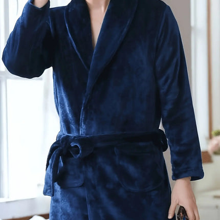 Luxurious Plush Fleece Bathrobe - Thick, Warm Long Sleeve Loungewear with V-Neck and Tie Belt - Solid Color, Machine Washable for Cozy Autumn/Winter Comfort HEBDO